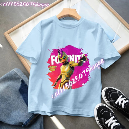 T-shirt blu in cotone per bambini Fortnites, maglietta a maniche corte Fortress Night per bebè, capo estivo cartoon per bambini e bambine, top kawaii, idea regalo