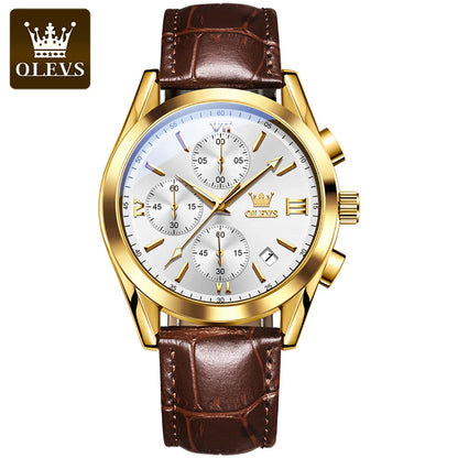 OLEVS 2872 Men’s Chronograph Wristwatch – Leather strap, water-resistant, luminescent hands, quartz movement, luxury sports style