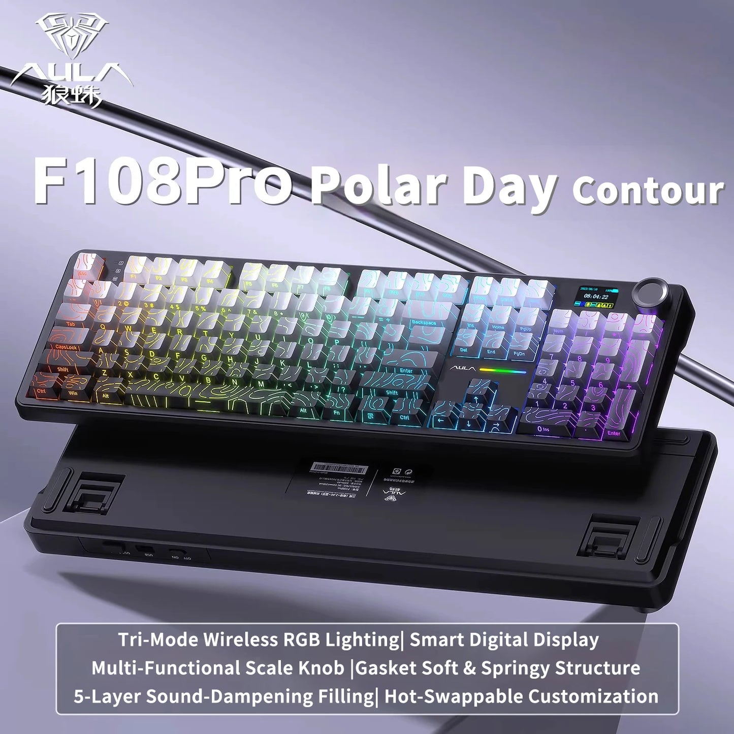 Teclado mecânico AULA F108 PRO personalizado, layout 100%, retroiluminação RGB, Bluetooth sem fios, switch HiFi, teclado gaming