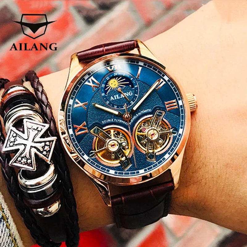 AILANG Double Tourbillon Design Business Men Mechanical Watch Fashion Leather Moon Phase Automatic Watches for Men Reloj Hombre