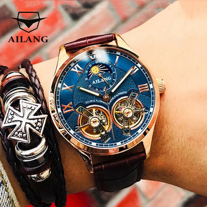 AILANG Double Tourbillon Design Business Men Mechanical Watch Fashion Leather Moon Phase Automatic Watches for Men Reloj Hombre