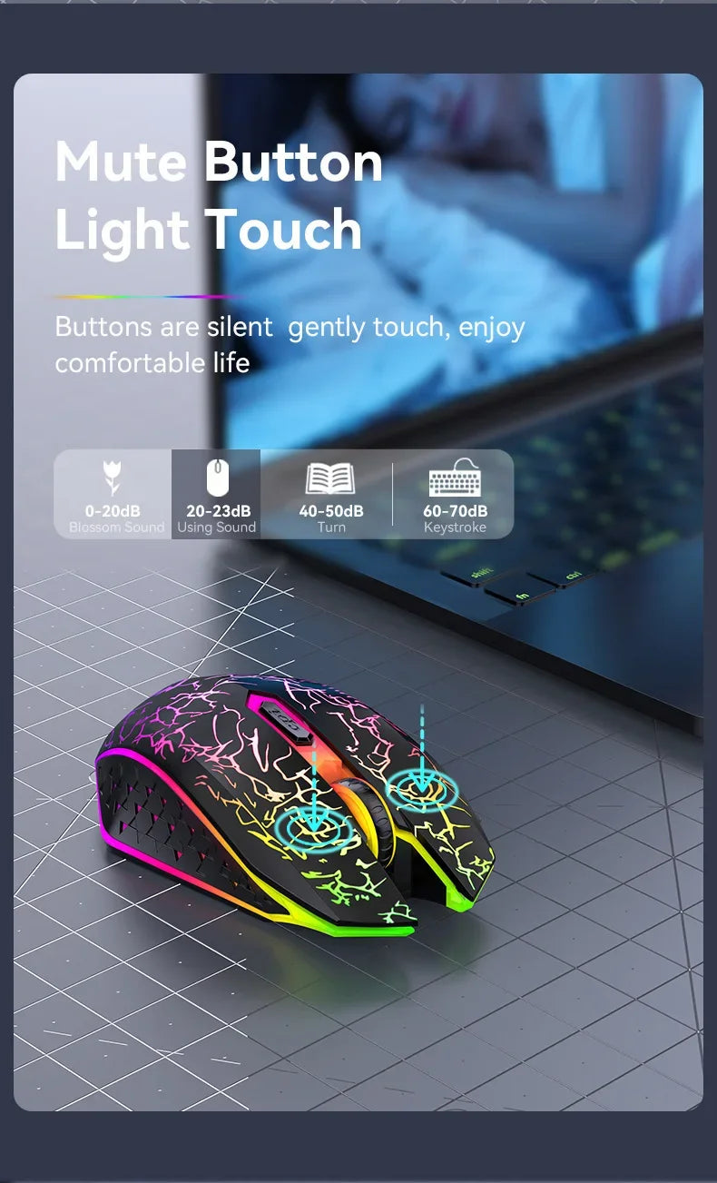 Rato Gaming RGB 2.4G sem fios, rato Bluetooth 1600DPI, 6 botões silenciosos, rato ergonómico de modo duplo para escritório, para MacBook e PC