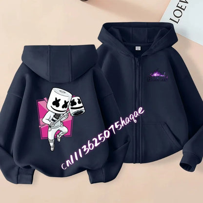 Nuova felpa con cappuccio autunnale per bambini Fortnite, giacca con zip e stampa personaggio cartoon del gioco, cappotto invernale per ragazzi