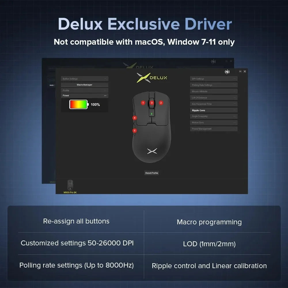 Delux M900Pro Ergonomic Wireless Gaming Mouse 8K PAW3395 Magnetic RGB Charging Dock Rechargeable Wired Mice for Big Hand PC