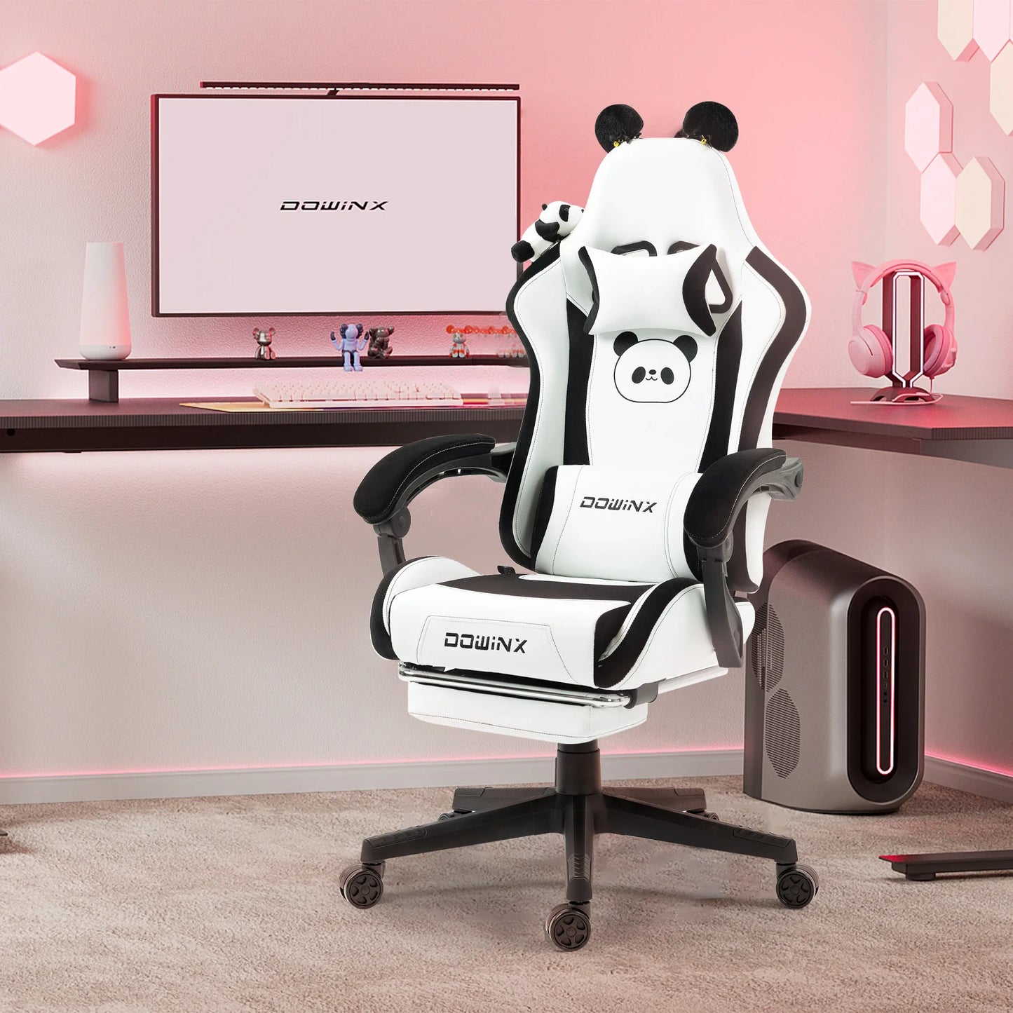 Sedia da gaming carina con orecchie da gatto, poggiapiedi, rosa kawaii, sedia per computer ergonomica con schienale alto, seduta gamer e supporto lombare a zampa di gatto
