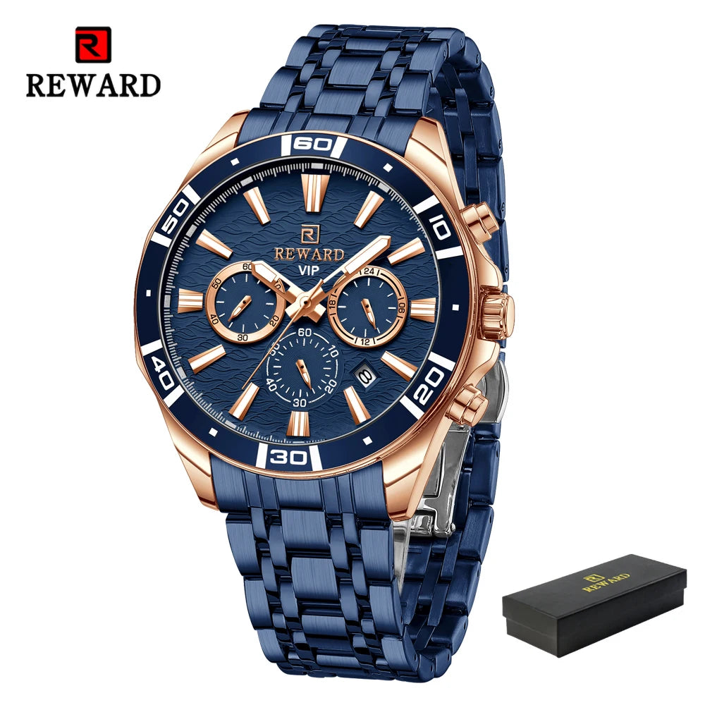 REWARD Mens Watches Waterproof  Luminous Quartz Wristwatch Business Stainless Steel Strap with gift box