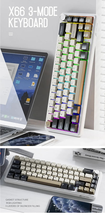 Attack Shark X66 Tastiera meccanica wireless 65% layout compatto, retroilluminazione RGB, gasket mount, hot swap, Bluetooth, USB-C, PBT, batteria ad alta capacità
