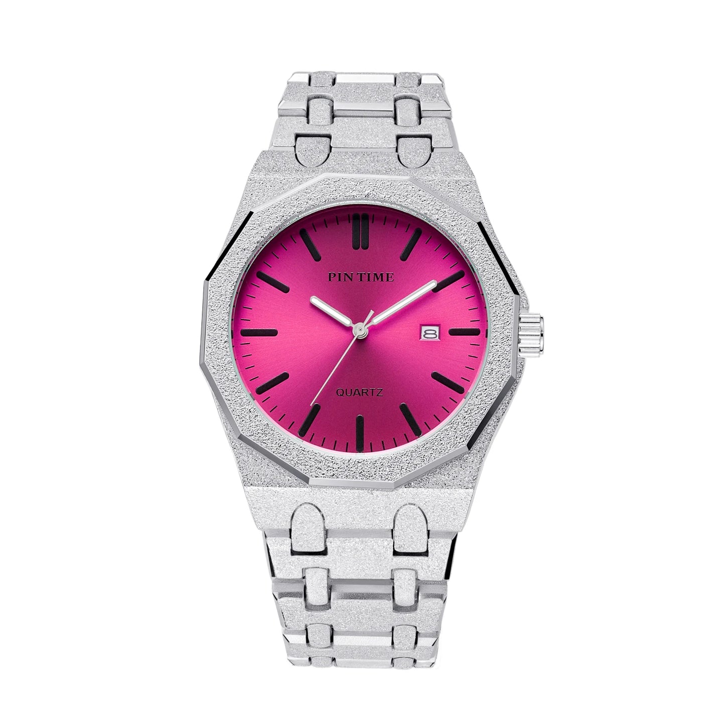 Octagon Wristwatch Glitter Textured Case Purple Dial Date Display Quartz Watch Unisex Stylish Trendy Casual Fashion Watch