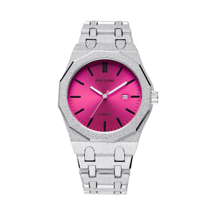 Octagon Wristwatch Glitter Textured Case Purple Dial Date Display Quartz Watch Unisex Stylish Trendy Casual Fashion Watch