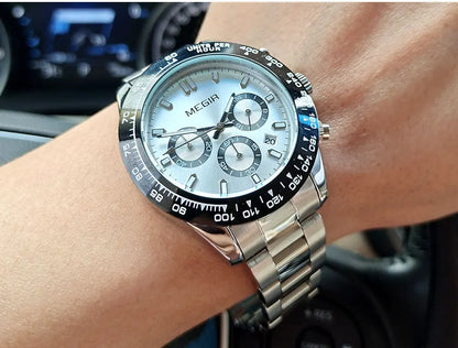 Reloj de hombre MEGIR, marca de lujo, reloj deportivo de cuarzo, correa de acero inoxidable, resistente al agua, cronógrafo, reloj de pulsera
