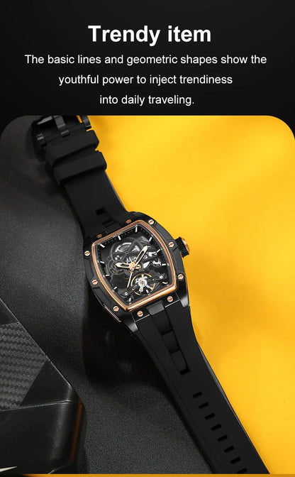 MEGIR Automatic Wristwatch Men Fashion Black Silicone Strap Wateproof Luminous Sport Mechanical Watch with Tonneau Dial 2242