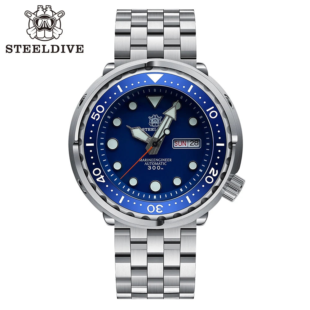 STEELDIVE SD1975W Black Dial Day and Date Function NH36 Automatic Movement 47.5mm Super Luminous 300M Waterproof Tuna Can Watch