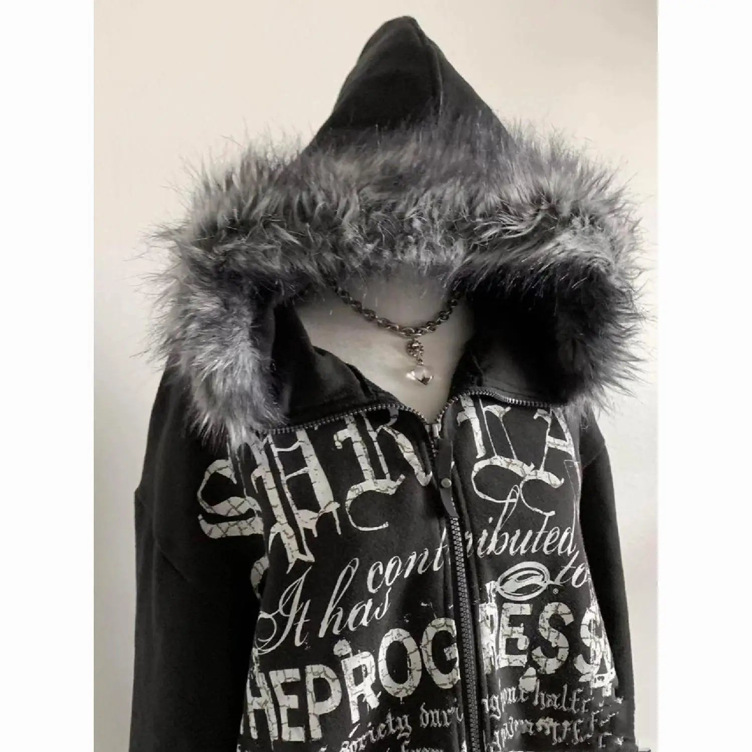 American Vintage Black Faux Fur Sweatshirts Women Letter Printed Subculture Coats with Hooded Female Gothic Harajuku Jackets Y2k, Produit gaming premium Fraquane