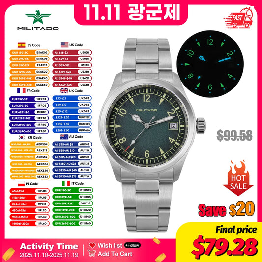 Militado ML08 Switzerland Ronda 515 Quartz Movement Double Sapphire Crystal  BGW9 Luminous 10Bar Waterproof 38mm Vintage Watch