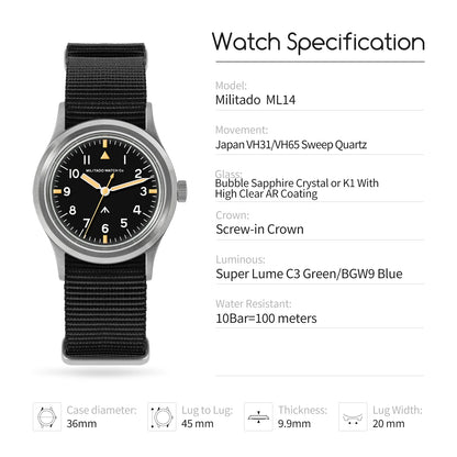 Militado ML14 Quartz Watch Cream Dial VH31/VH65 Sweep Movement Bubble K1/ Sapphire Luminous 36Mm Vintage Watches 100M Waterproof