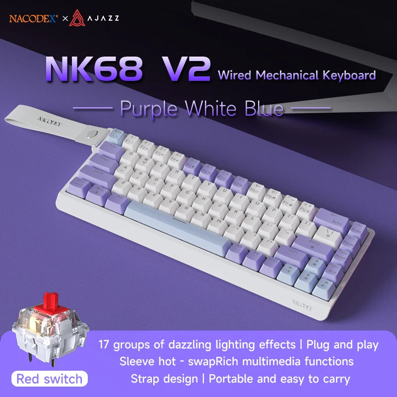 AJAZZ NK68 V2 Wired Mechanical Keyboard Plug and Play 65% Layout Design Sleeve Hot 68-Key Keyboard Colorful Backlight for PC