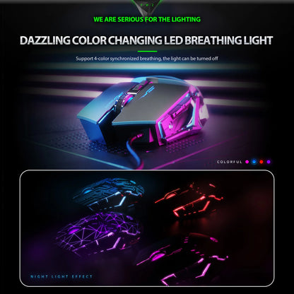 INPHIC W2 Gaming Mouse Silent Click USB Optical Wired Mouse 4800DPI Ergonomic Mice 6 Programmable Buttons RGB Breathing LED PC