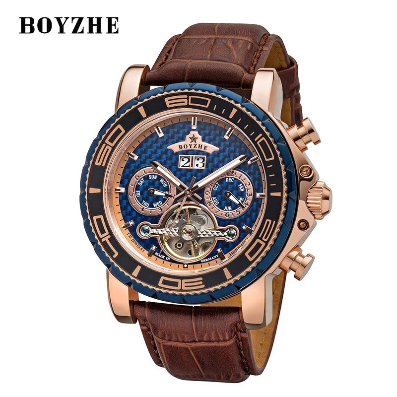 BOYZHE Brand Luxury Tourbillon Mechanical Watch Men Sports Leather Strap Waterproof Classic Date Week Automatic Sapphire Watches