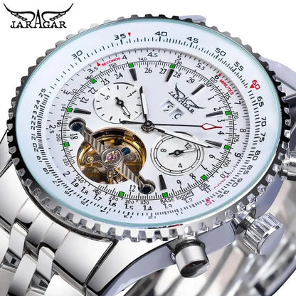 JARAGAR 034 luxus retro automata mechanikus karóra, tourbillon, üreges szkeleton, rozsdamentes acél, heti naptár, férfi karóra