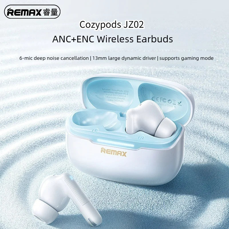 Écouteurs sans fil Remax ANC, réduction de bruit de 45 dB, 6 micros, ENC, appels HD, Cozypods JZ02, mode gaming, faible latence, 42h