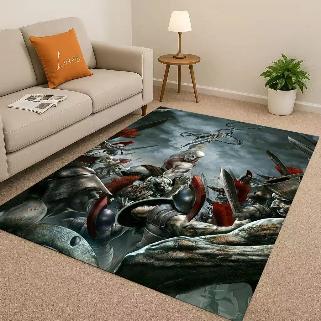Game God of War Kratos Cartoon Gamer Living Room Non-Slip Area Rug Soft Carpet for Bedroom Playroom Sofa,Easy Clean Home Doormat
