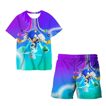 Fashion 3D Anime Children's T-shirt Set Sonic The Hedgehog Top Short Sleeve + Shorts Two-piece Set Girls Boys Cosplay Costume
