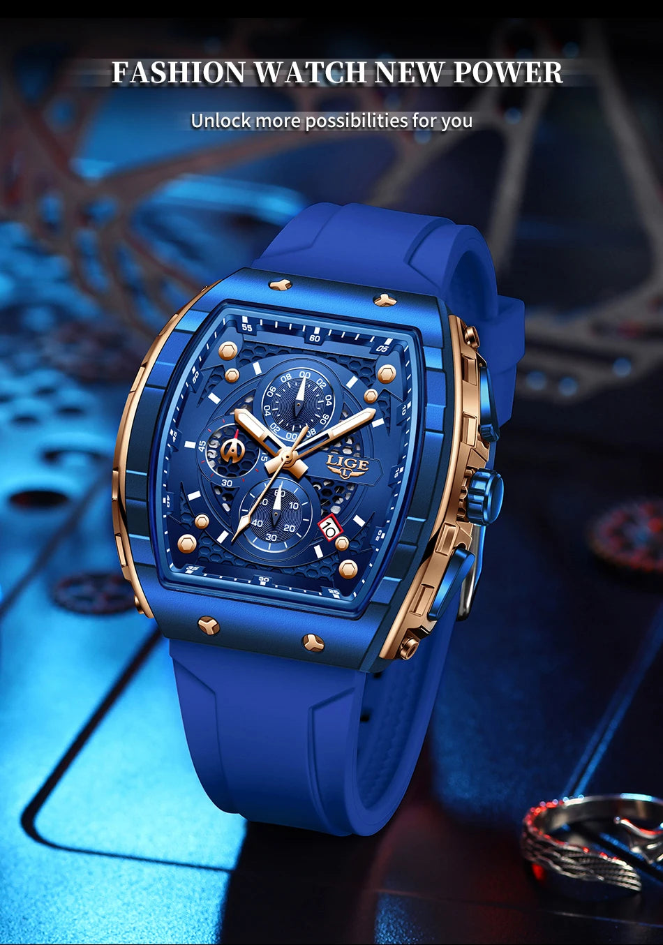 Relógio de Homem LIGE — Moda de Luxo, Impermeável, Bracelete em Silicone, Quartzo, Luminoso, Desportivo, Data Automática e Cronógrafo Simples