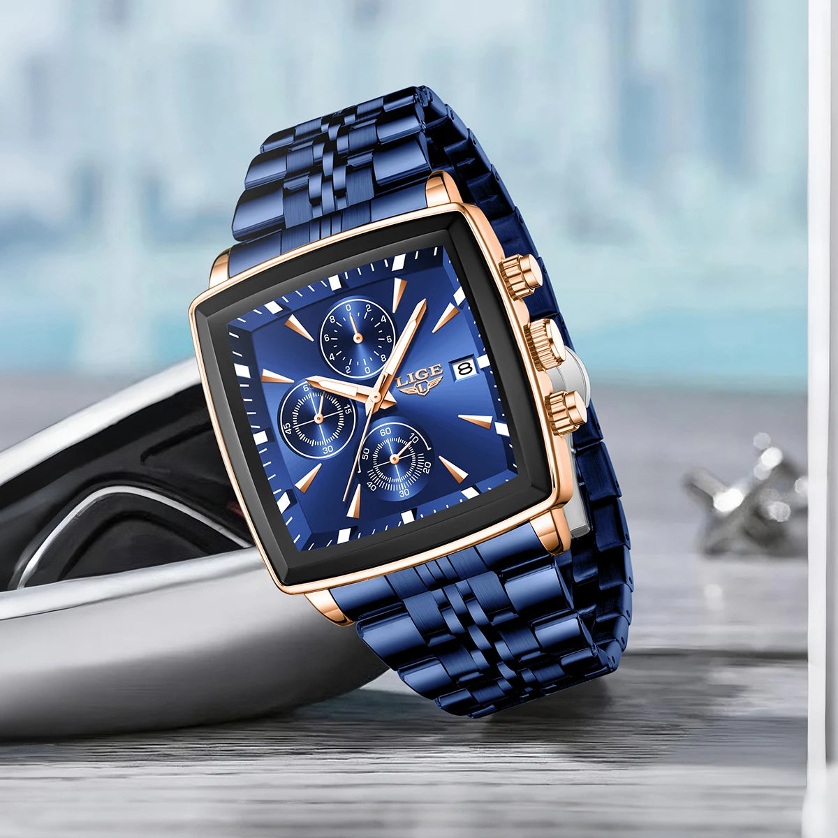 LIGE Luxusuhren für Herren, quadratisches Modell, klassischer und trendiger Stil, aus Edelstahl, wasserdicht, sportlich und lässig, mit Quarzwerk.