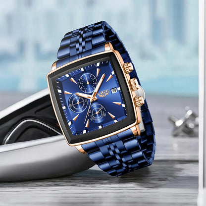 LIGE Luxusuhren für Herren, quadratisches Modell, klassischer und trendiger Stil, aus Edelstahl, wasserdicht, sportlich und lässig, mit Quarzwerk.