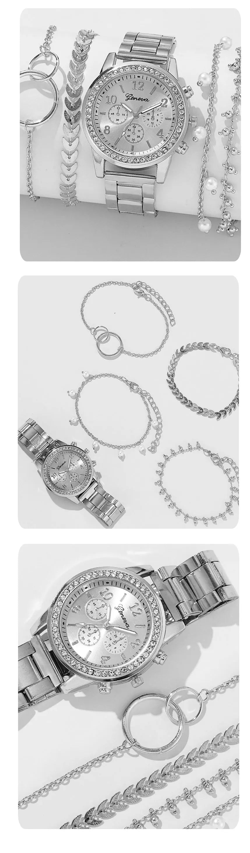 5PCS Quartz Watch Set Women Fashion Silver Round 3 Eyes Alloy Strap Wristwatch Gift Rhinestone Watch For Women Jewelry Set