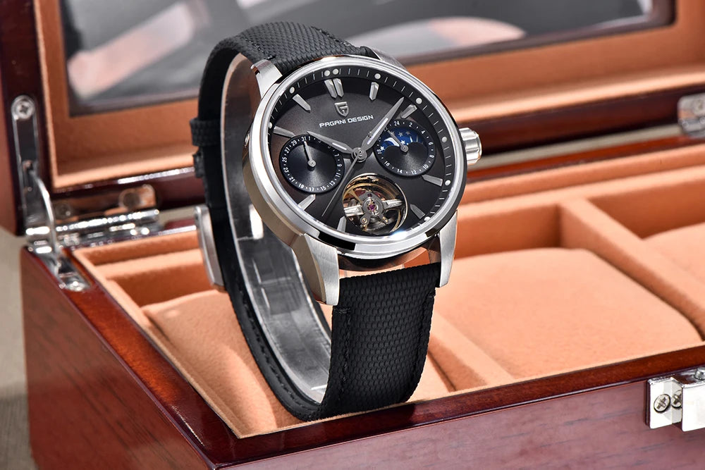 PAGANI DESIGN – Mekanisk lyxklocka för män, 41 mm, safirglas, läderarmband, vattentät, pilotstil, med tourbillon och månfas