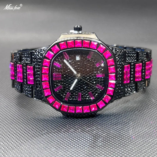 MISSFOX Luxury Watch For Men Rose Iced Out Diamond Hip Hop Quartz Waterproof Clock Men Square Diamond Male Watch 2026 New