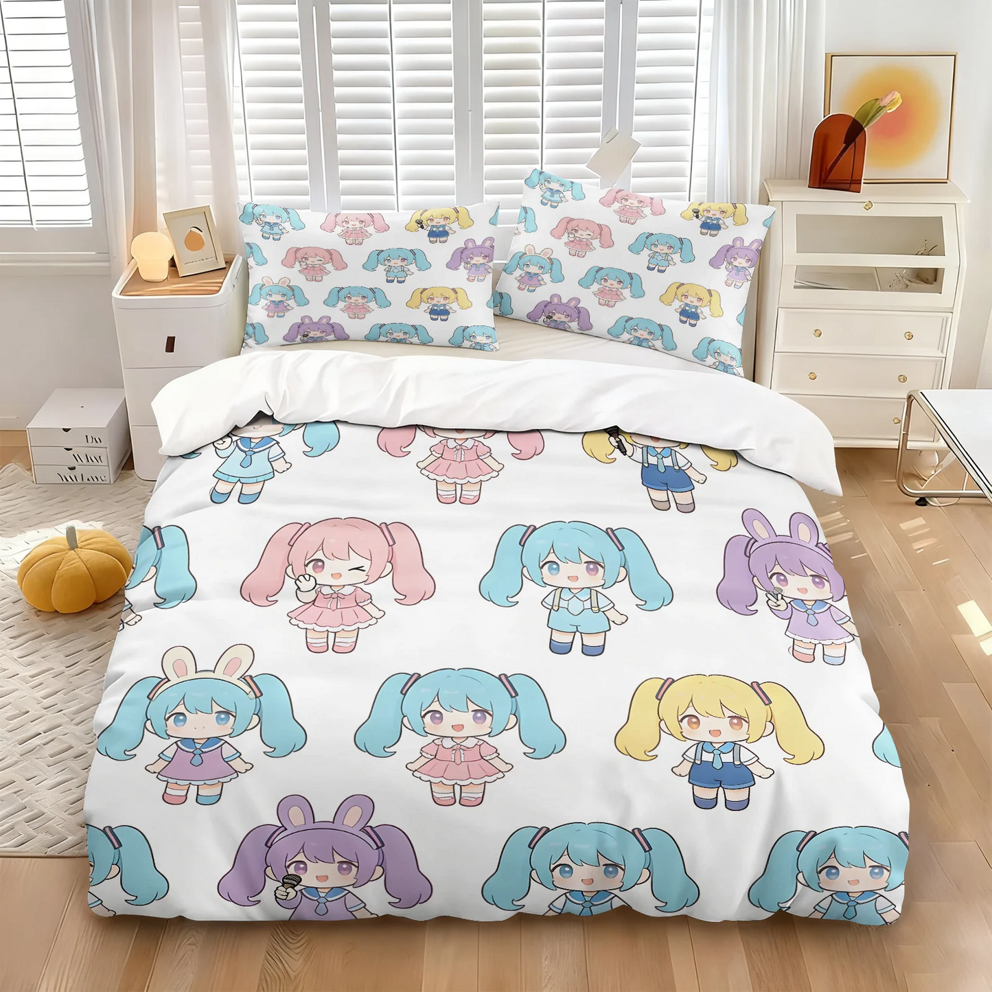 Hatsune Miku Chibi Style Duvet Cover Set Cute Anime Bedding with Pillowcases Gaming Room Teens Kids Bedroom Decor Gift for fans