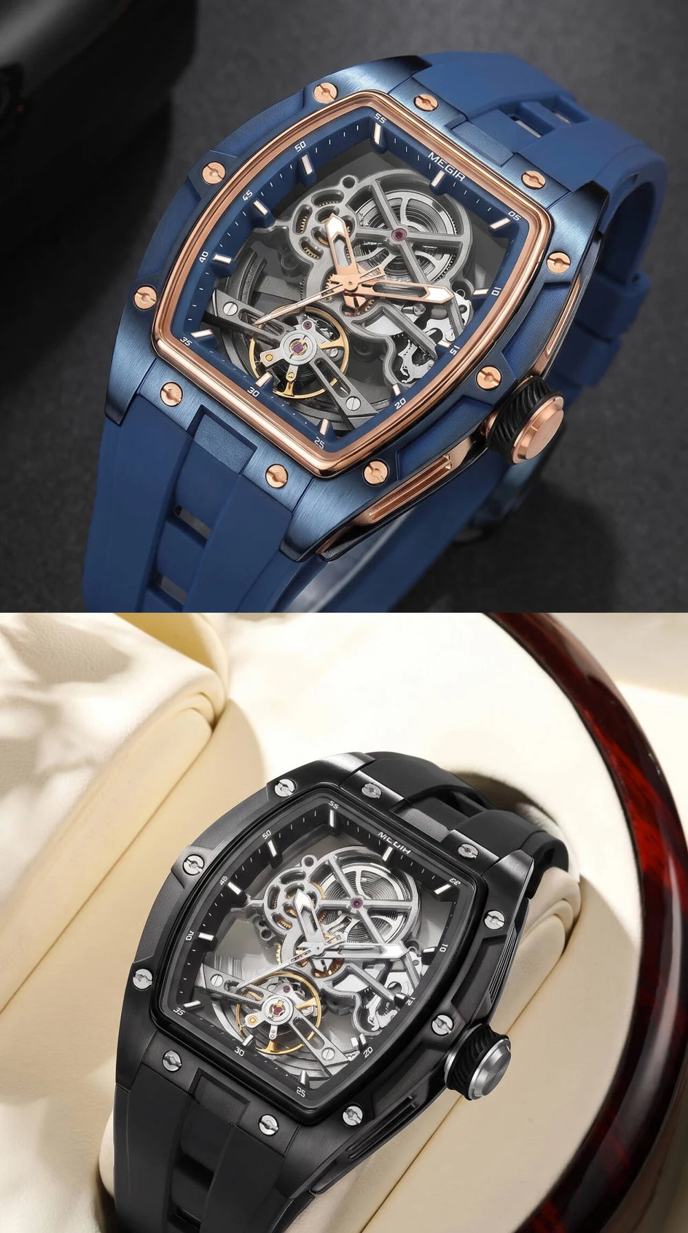 MEGIR mekanisk herreur, tonneau-form, skeletteret urskive med åbninger, sporty stil, silikonearmbånd, luksuriøst automatisk ur