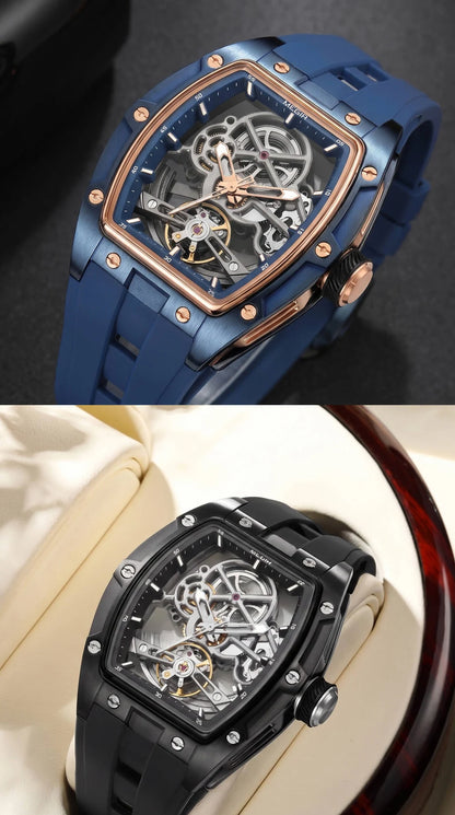 MEGIR mekanisk herreur, tonneau-form, skeletteret urskive med åbninger, sporty stil, silikonearmbånd, luksuriøst automatisk ur