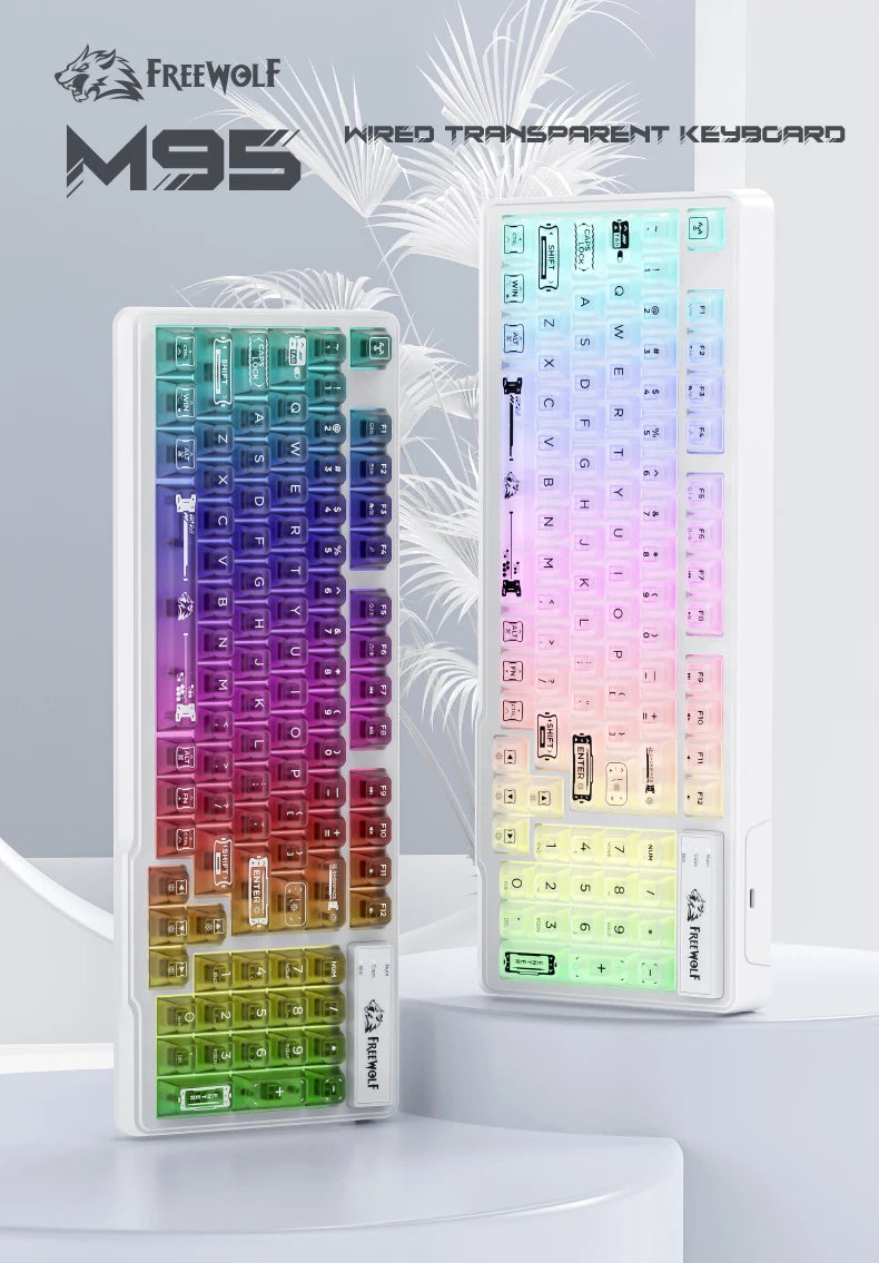 Teclado con cable FREEWOLF M95 con diseño transparente RGB, ideal para diversos escenarios como gaming y trabajo de oficina