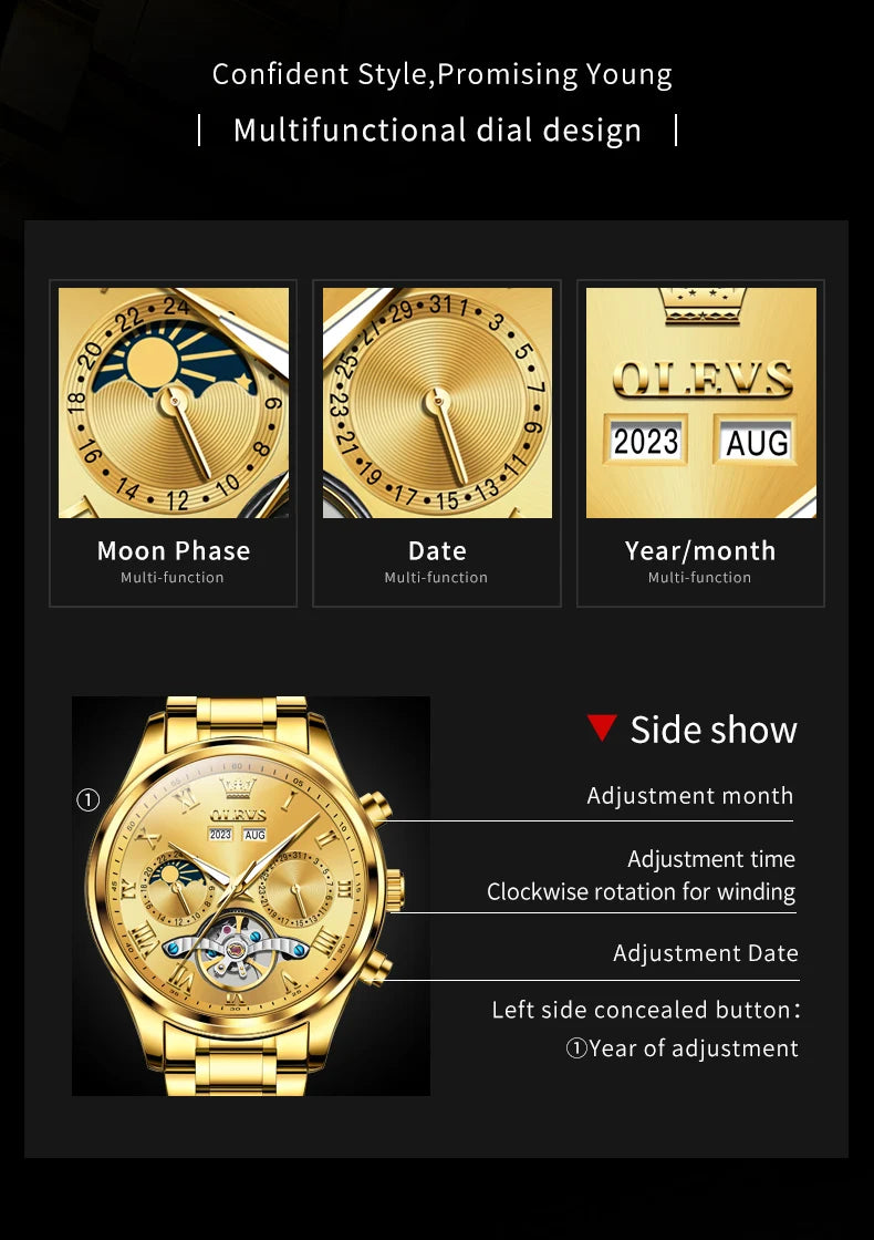OLEVS 7005 Classic Business Mechanical Wristwatch for Man Skeleton Flywheel 24 Hour Moon Phase  Calendar Luxury Men's Watch