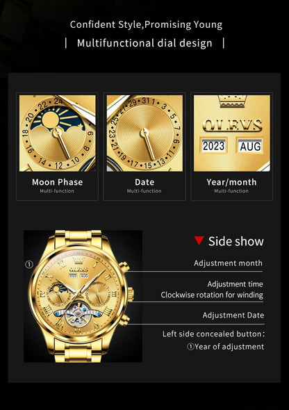 OLEVS 7005 Classic Business Mechanical Wristwatch for Man Skeleton Flywheel 24 Hour Moon Phase  Calendar Luxury Men's Watch