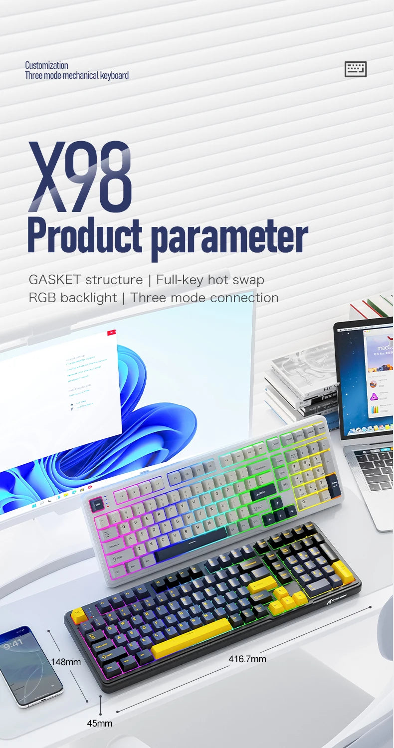 X98 Attack Shark Gaming Keyboard Wireless with Numeric Keypad,102Keys Hot-Swap RGB PBT Keycaps,4000mAh Battery,Support PC/Laptop