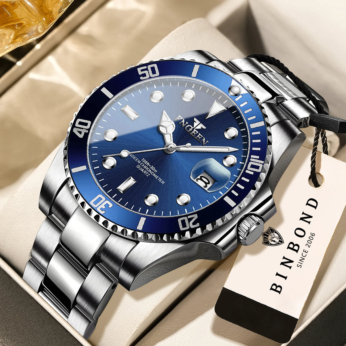 Relógio de pulso de quartzo FNGEEN Son Brand da BINBOND com bracelete em aço inoxidável para homem, luminoso e estanque, de luxo.