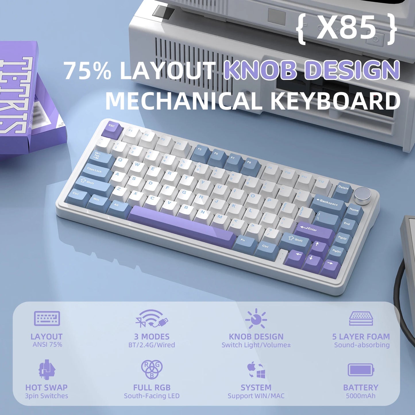 Teclado mecánico ATTACK SHARK X85 trimodo Gasket 75% con perilla CNC, acolchado de 5 capas, hot-swap, retroiluminación RGB y NKRO