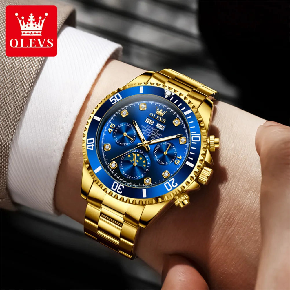 OLEVS 6729 Original Men's Watches Stainless Steel Waterproof Luminous Date Week Moon Phase Automatic Mechanical Watches for Man