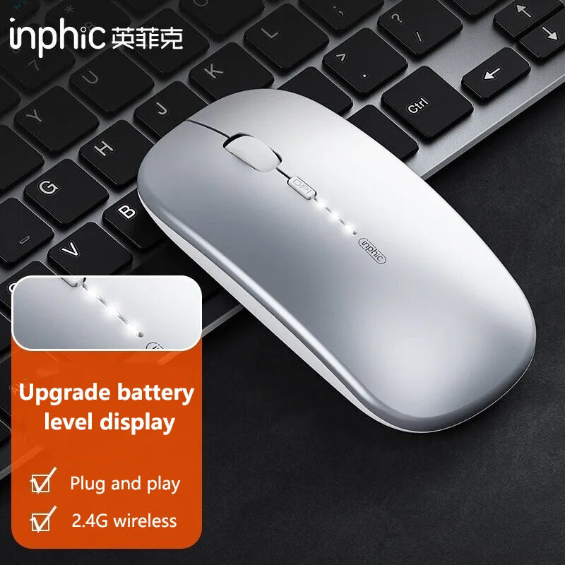 Ratón inalámbrico silencioso de oficina Inphic M1P ultrafino portátil con interfaz USB, indicador de batería y carga TYPE-C