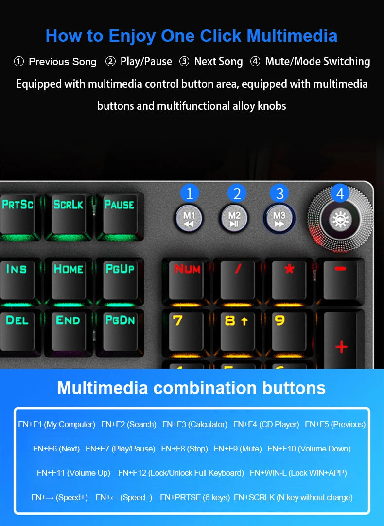 Teclado mecánico AULA F2088 con cable para gaming, perilla multifunción, 104 teclas, retroiluminación Magic y programación de macros Compu