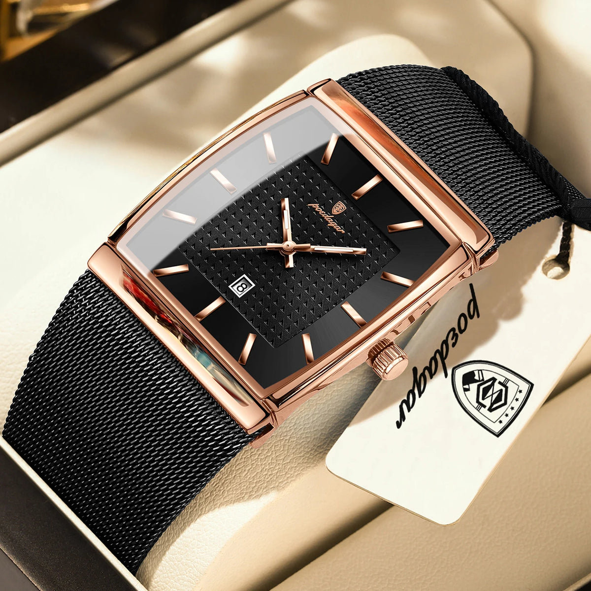 Montre pour homme POEDAGAR, modèle de luxe, bracelet en maille d'acier inoxydable, affichage de la date, étanche, aiguilles luminescentes, style décontracté, boîtier rectangulaire, mouvement à quartz.