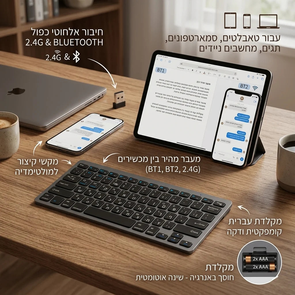 Teclado inalámbrico con distribución hebreo-inglés, Bluetooth y 2.4G de doble modo, delgado, compacto y ergonómico para Windows, iOS y Android