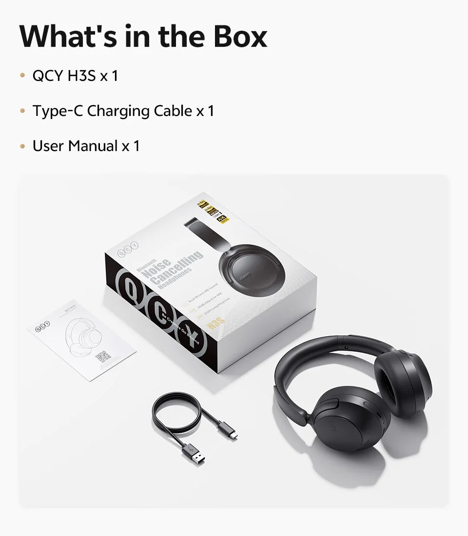 Auscultadores Over-Ear QCY H3S ANC Bluetooth 6.0 – Áudio Espacial Hi-Res LDAC, Cancelamento de Ruído Adaptativo -56dB, Auscultadores Sem Fios