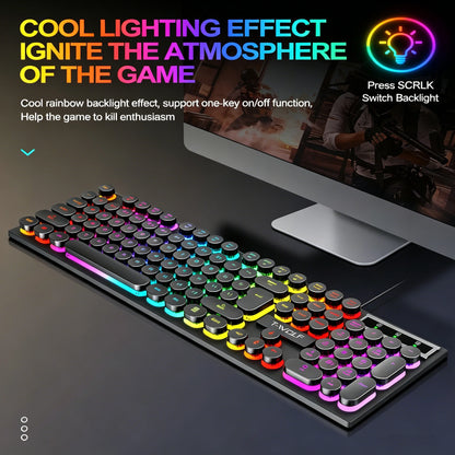 Typewriter style Mechanical feel Gaming Keyboard, Wired, RGB Backlit, Round Keycaps Mouse and Keyboard Bundle Waterproof 104-Key