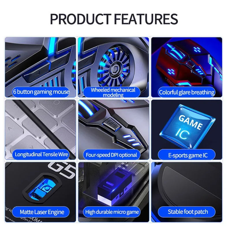 Ratón gaming con cable G5 Mute, seis teclas, iluminación luminosa, para e-sports, accesorio informático, ratón gaming para portátil y ordenador de sobremesa