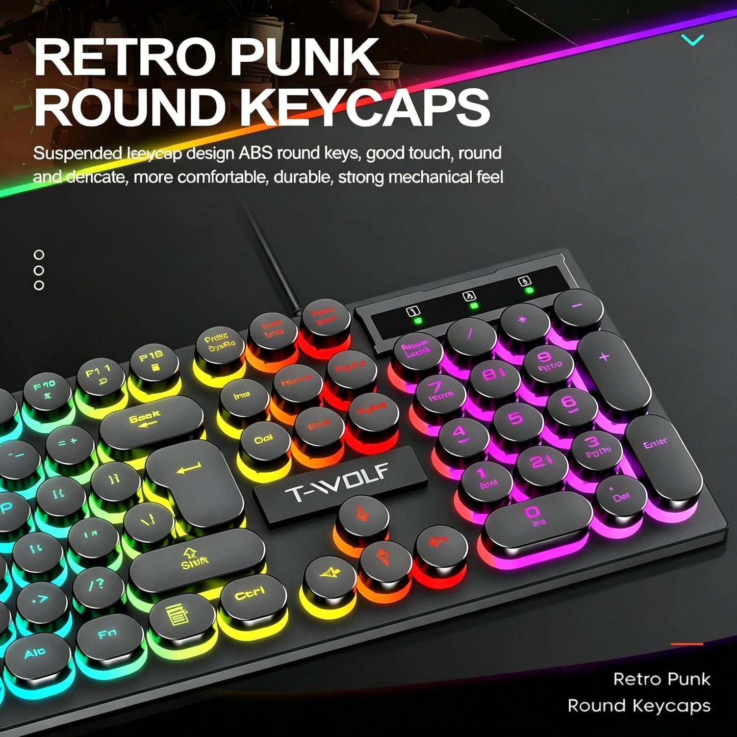 Typewriter style Mechanical feel Gaming Keyboard, Wired, RGB Backlit, Round Keycaps Mouse and Keyboard Bundle Waterproof 104-Key